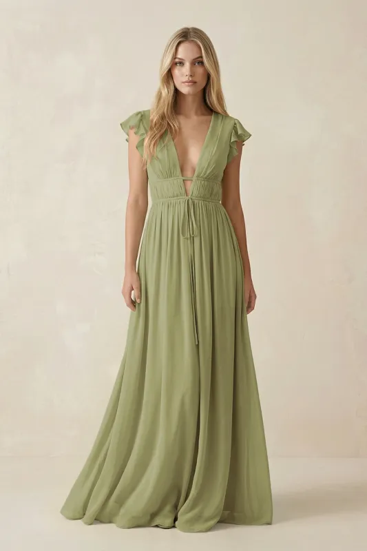 V-Neck A-Line Chiffon Cap Sleeves Bridesmaid Dress in Moss Green made by KissProm