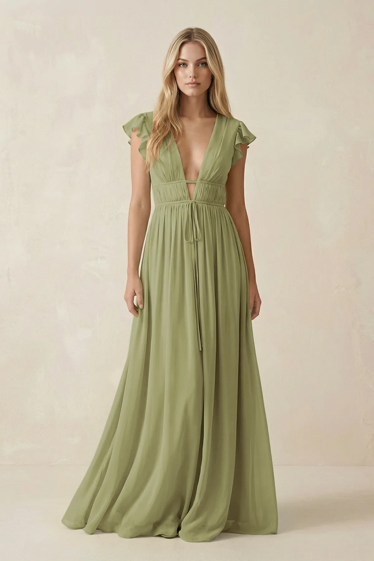 V-Neck A-Line Chiffon Cap Sleeves Bridesmaid Dress in Moss Green sold by KissProm