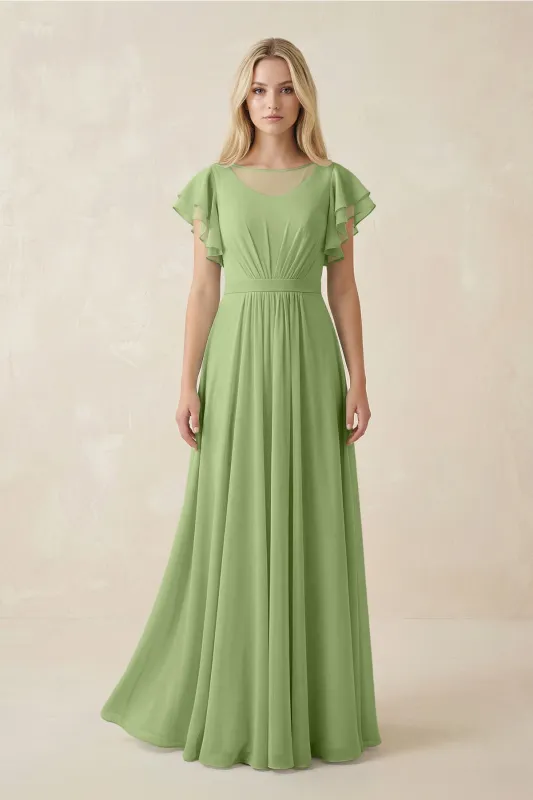 Cap Sleeve Ruffled A-Line Chiffon Bridesmaid Dress in Matcha made by KissProm