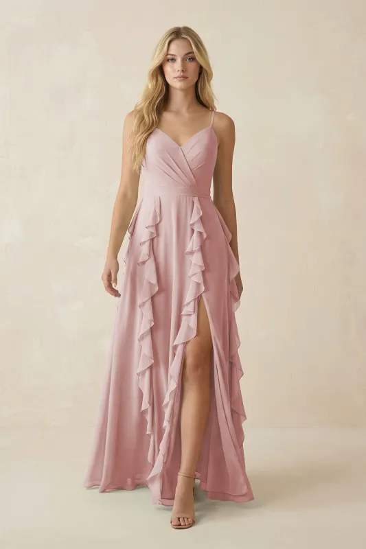 Tiered Ruffle A-Line Chiffon Bridesmaid Dress in Dusty Rose made by KissProm