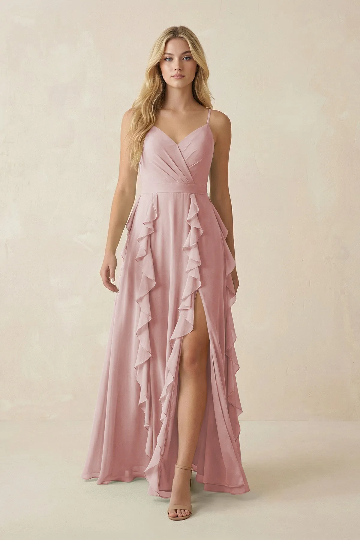 Tiered Ruffle A-Line Chiffon Bridesmaid Dress in Dusty Rose sold by KissProm