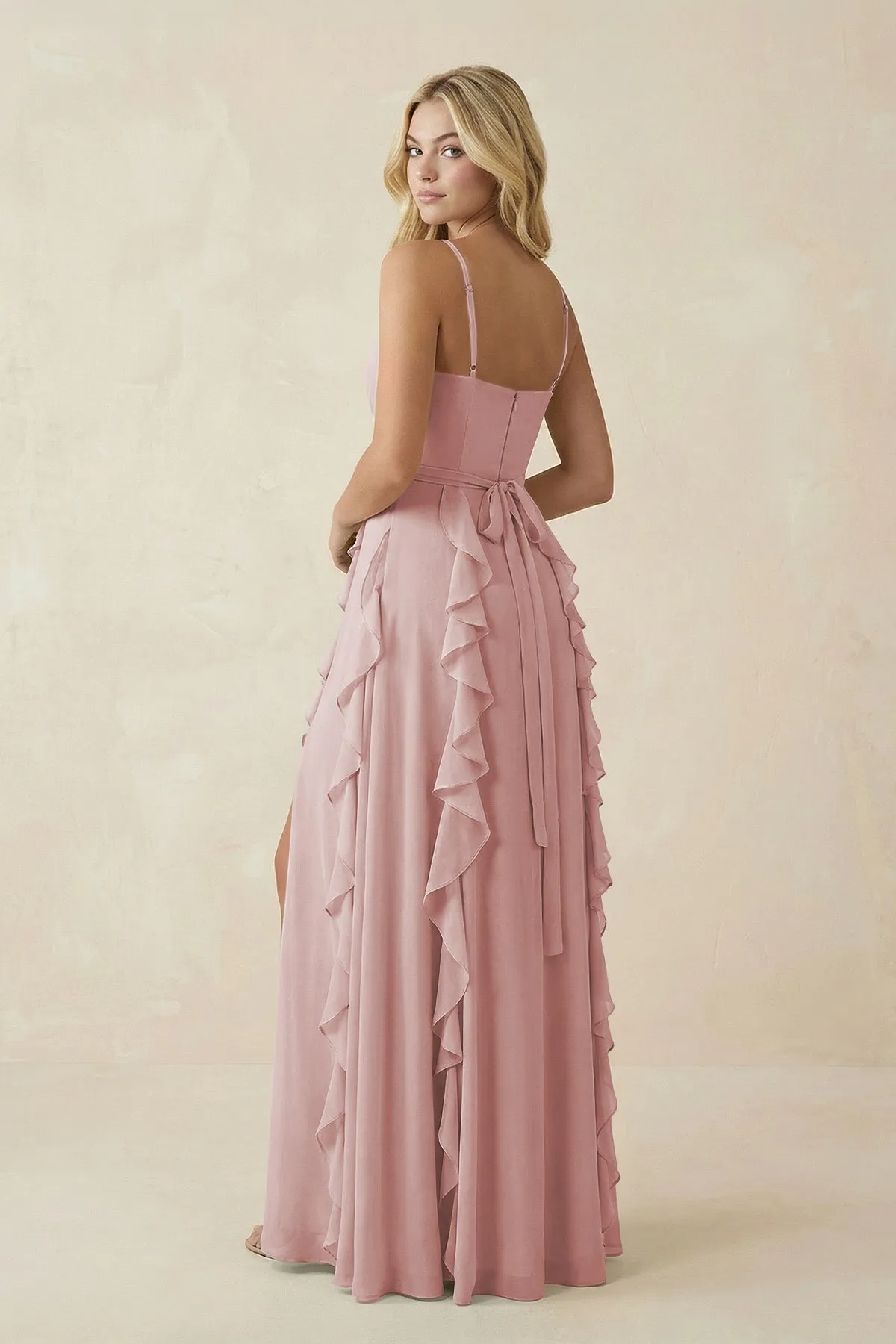 Tiered Ruffle A-Line Chiffon Bridesmaid Dress in Dusty Rose sold by KissProm product image thumbnail 2