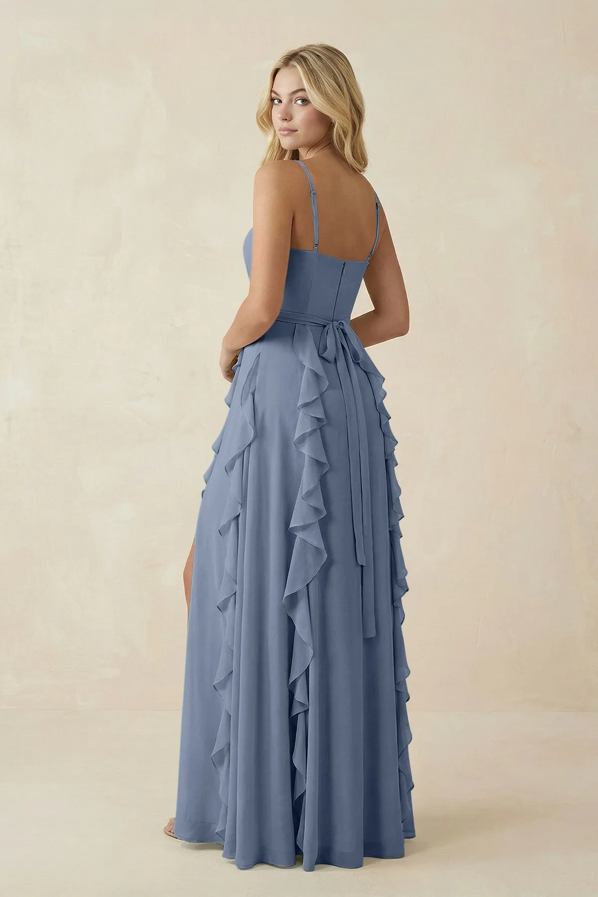 Tiered Ruffle A-Line Chiffon Bridesmaid Dress in Neptune sold by KissProm product image thumbnail 2