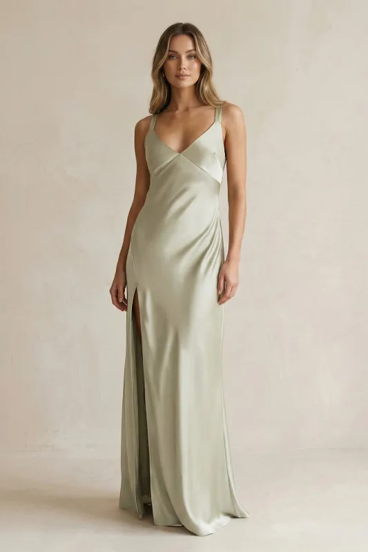 V-Neck Sheath Satin Bridesmaid Dress With Slit in Frost made by KissProm