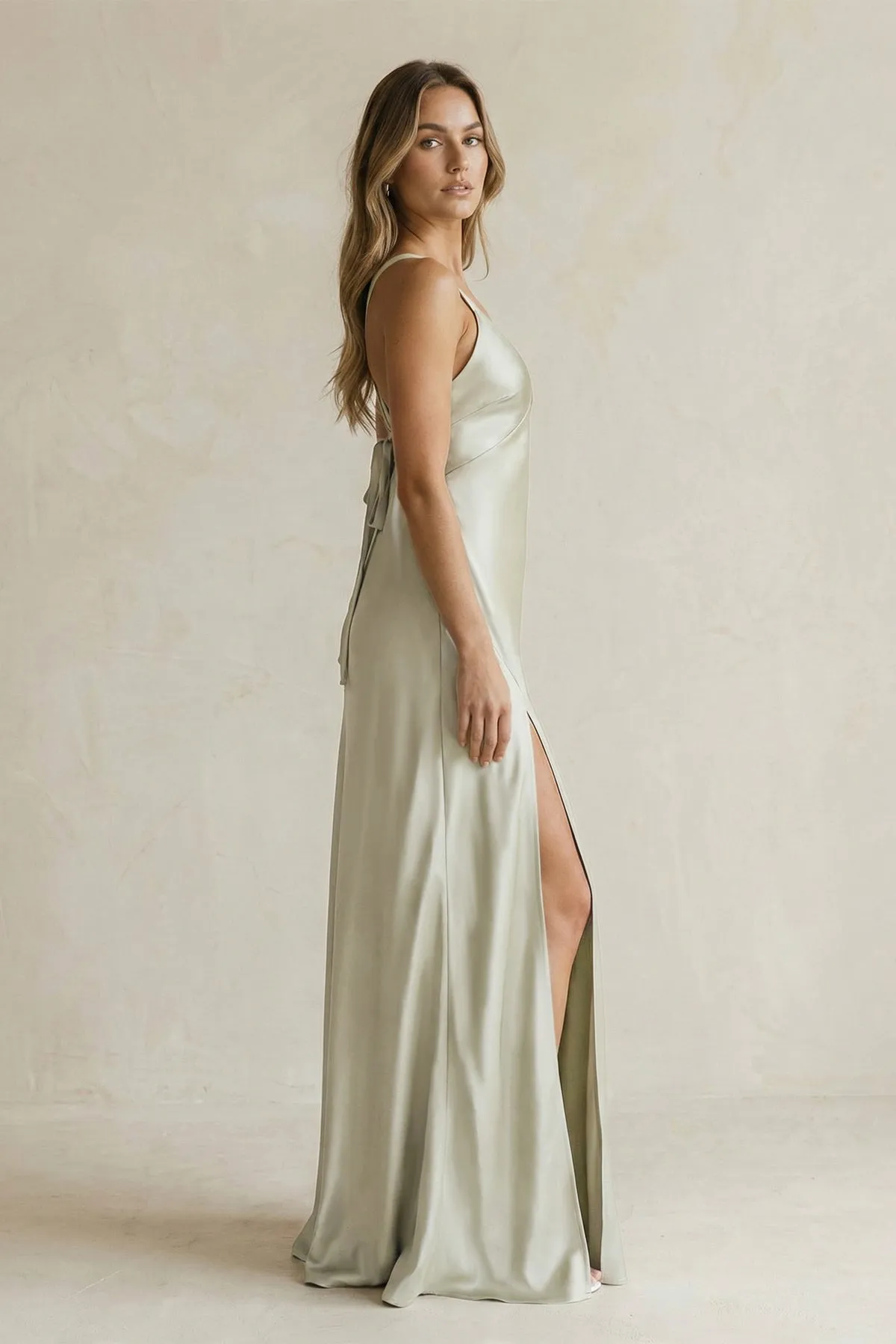 V-Neck Sheath Satin Bridesmaid Dress With Slit in Frost sold by KissProm product image thumbnail 3