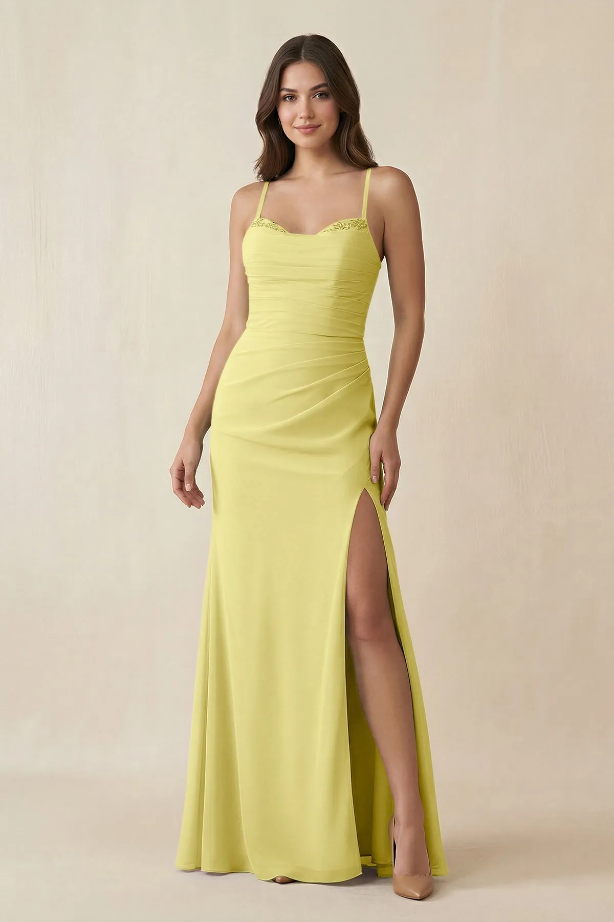 Cami Strap Sheath Chiffon Bridesmaid Dress with Slit in Buttercup sold by KissProm