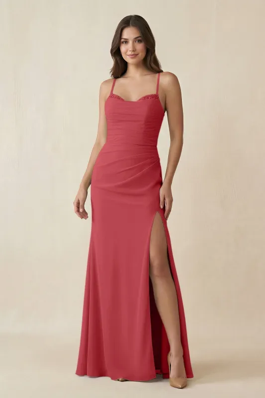Cami Strap Sheath Chiffon Bridesmaid Dress with Slit in Merlot made by KissProm