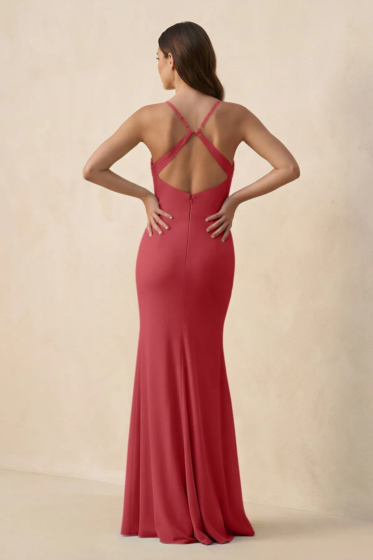 Cami Strap Sheath Chiffon Bridesmaid Dress with Slit in Merlot sold by KissProm product image thumbnail 2
