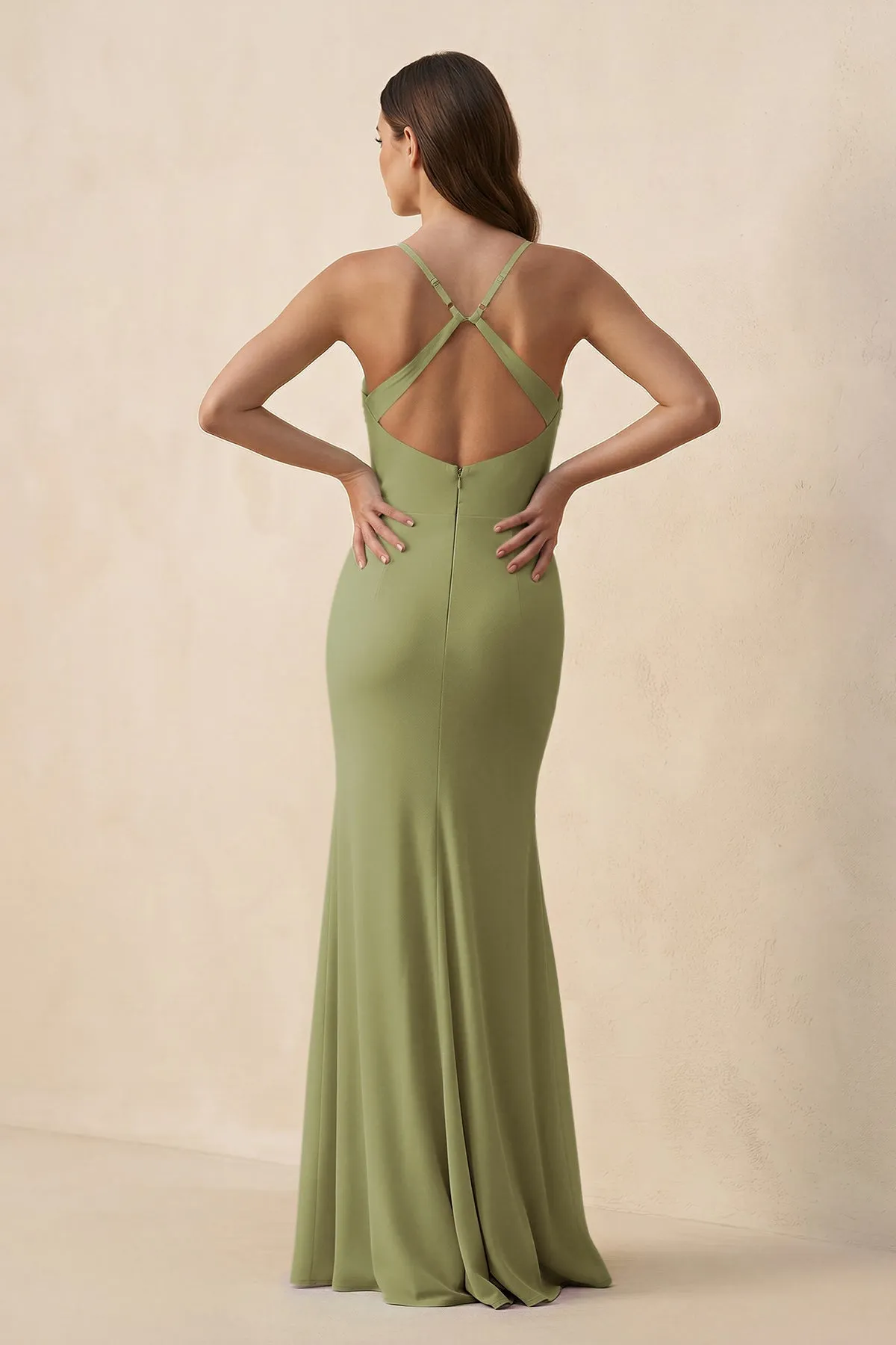 Cami Strap Sheath Chiffon Bridesmaid Dress with Slit in Moss Green sold by KissProm product image thumbnail 2