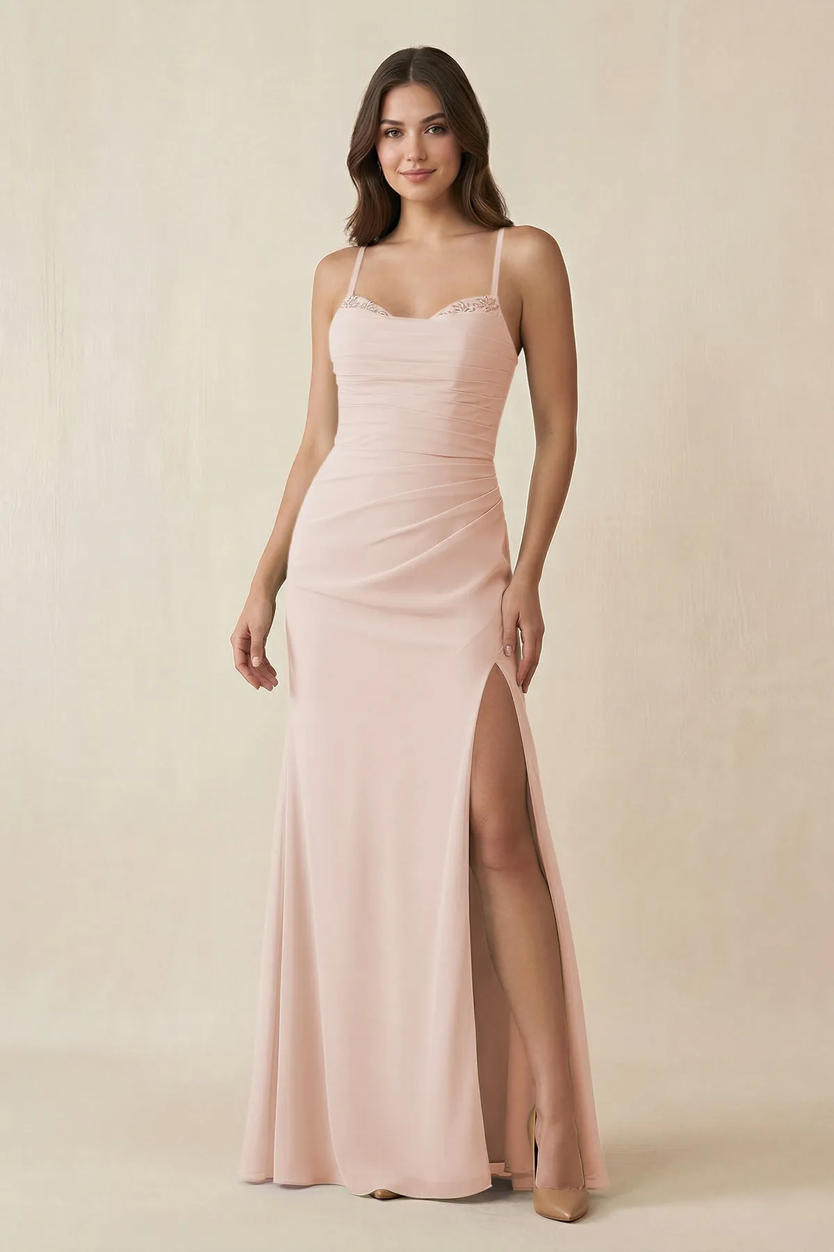 Cami Strap Sheath Chiffon Bridesmaid Dress with Slit in Pale Blush sold by KissProm