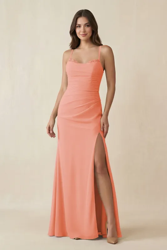 Cami Strap Sheath Chiffon Bridesmaid Dress with Slit in Rosette made by KissProm