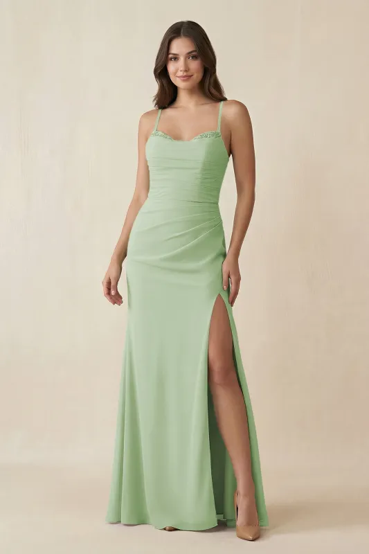 Cami Strap Sheath Chiffon Bridesmaid Dress with Slit in Sage made by KissProm