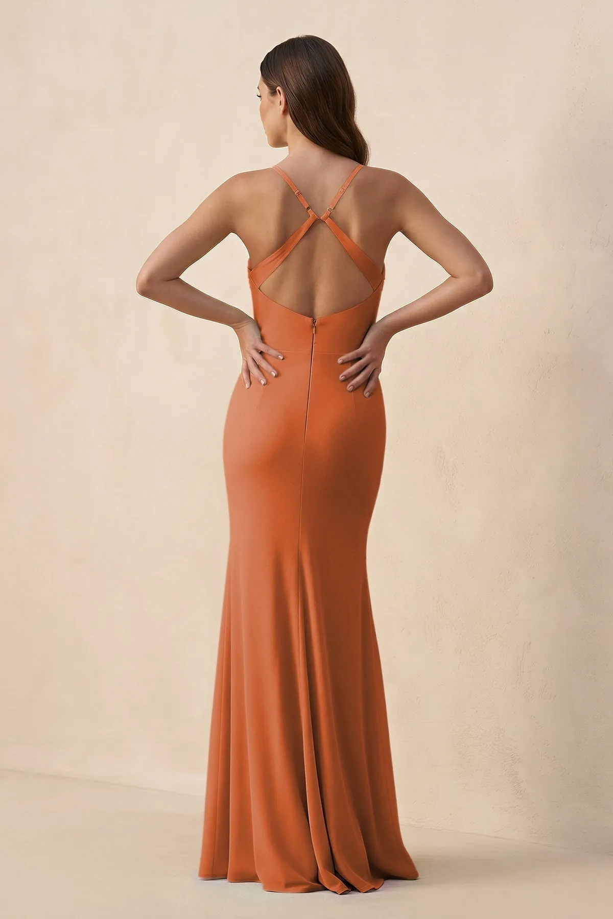 Cami Strap Sheath Chiffon Bridesmaid Dress with Slit in Terracotta sold by KissProm product image thumbnail 2