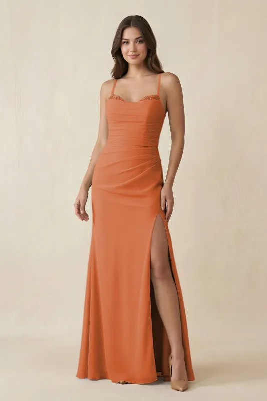 Cami Strap Sheath Chiffon Bridesmaid Dress with Slit in Terracotta made by KissProm