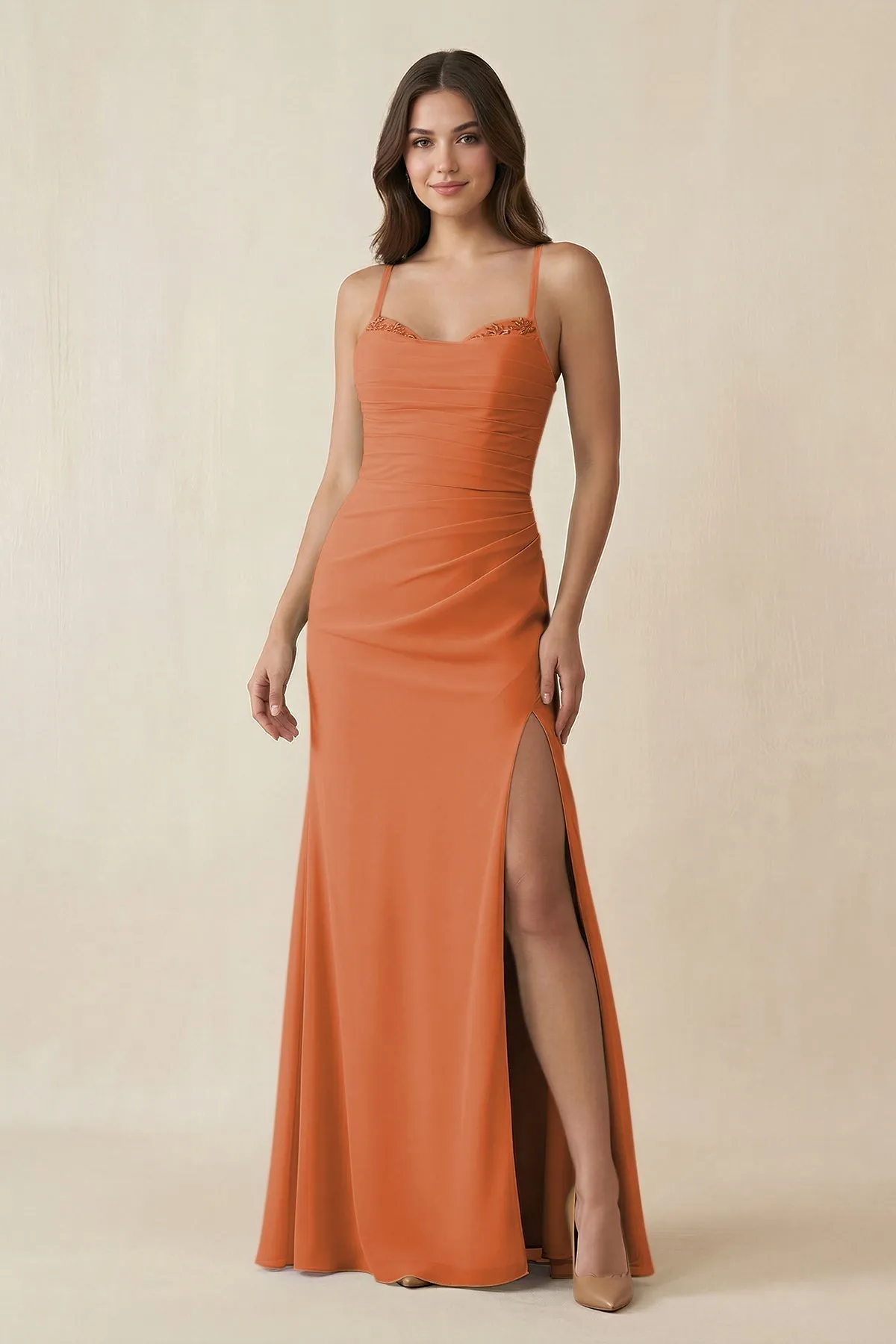Cami Strap Sheath Chiffon Bridesmaid Dress with Slit in Terracotta sold by KissProm