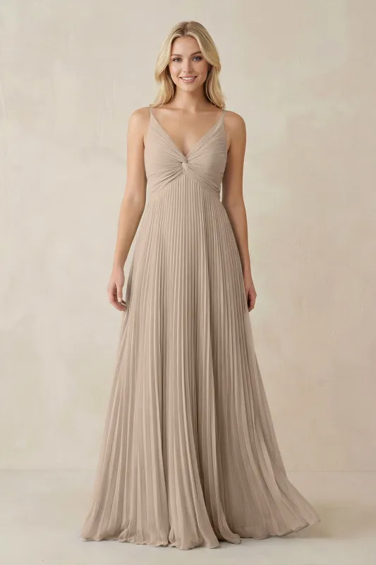 Pleated V-Neck A-Line Chiffon Bridesmaid Dress in Almond made by KissProm