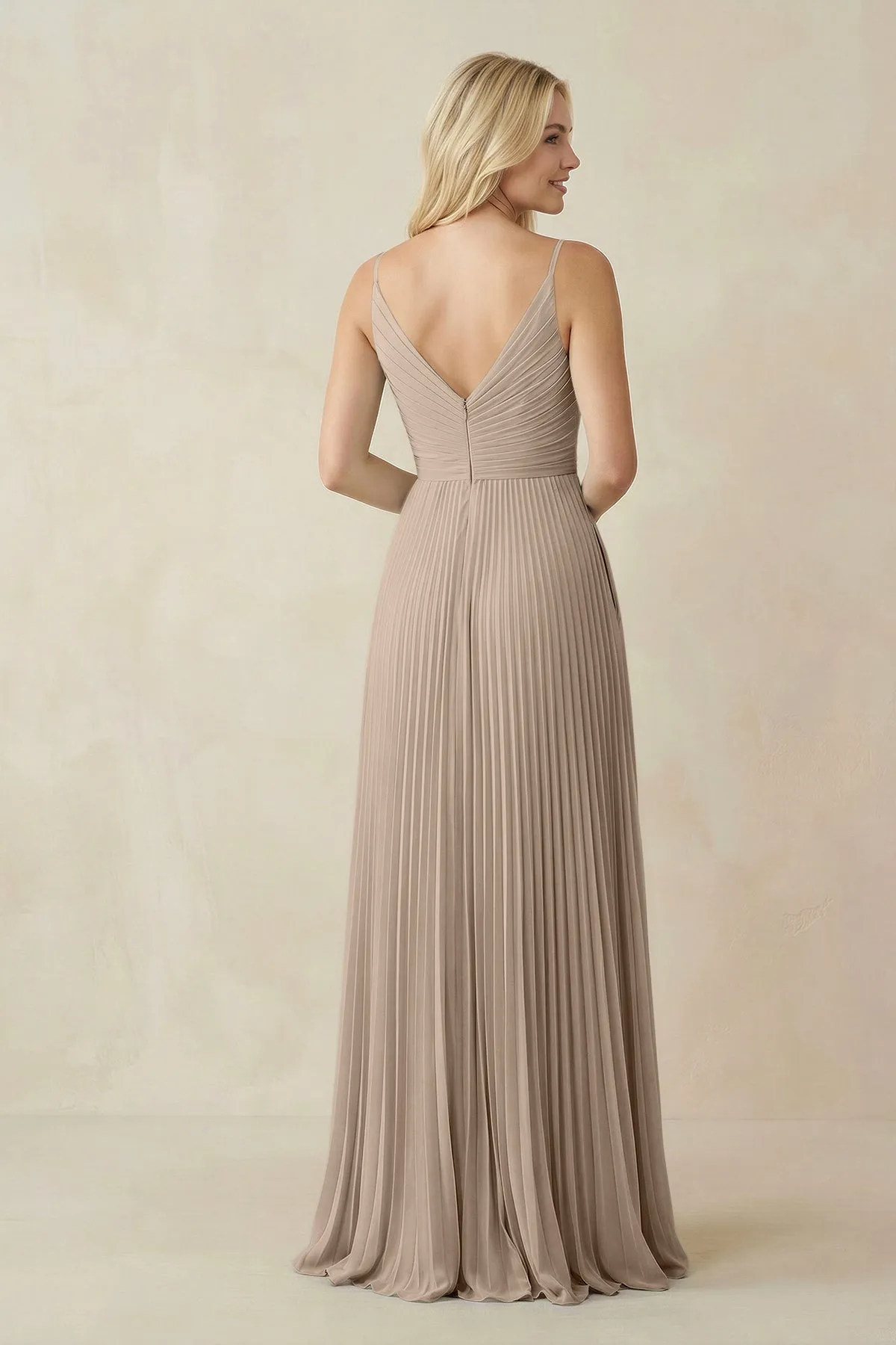 Pleated V-Neck A-Line Chiffon Bridesmaid Dress in Almond sold by KissProm product image thumbnail 2