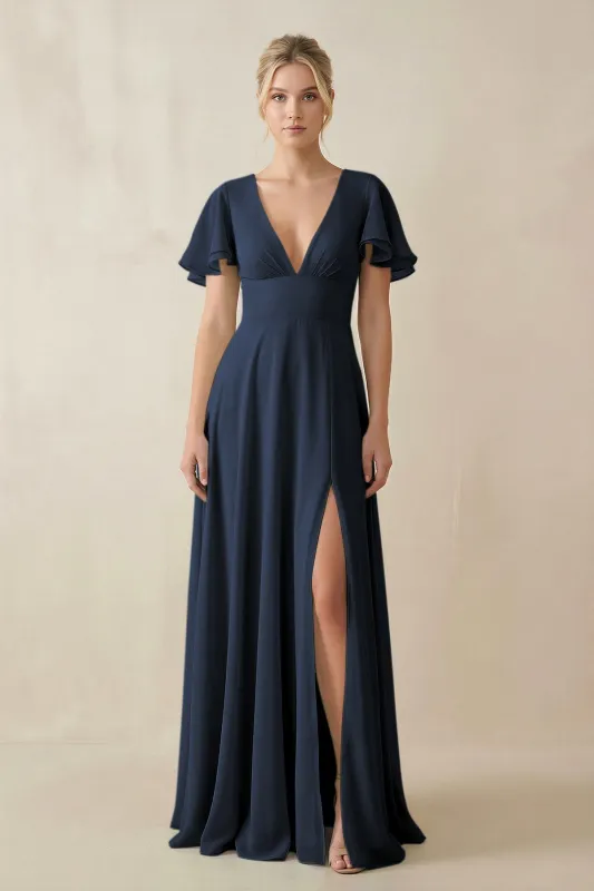 V-Neck Ruffled Short Sleeves A-Line Bridesmaid Dress in Dark Navy made by KissProm