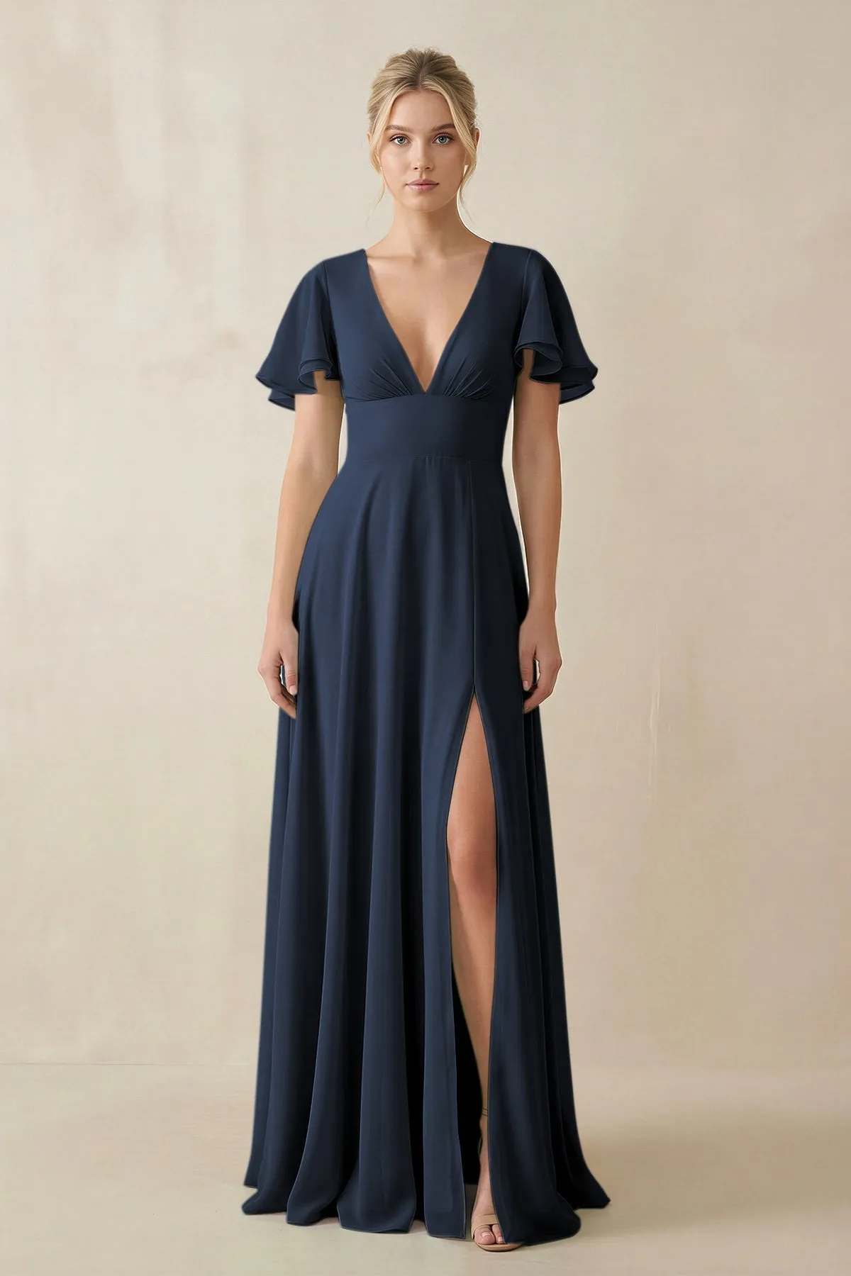 V-Neck Ruffled Short Sleeves A-Line Bridesmaid Dress in Dark Navy sold by KissProm