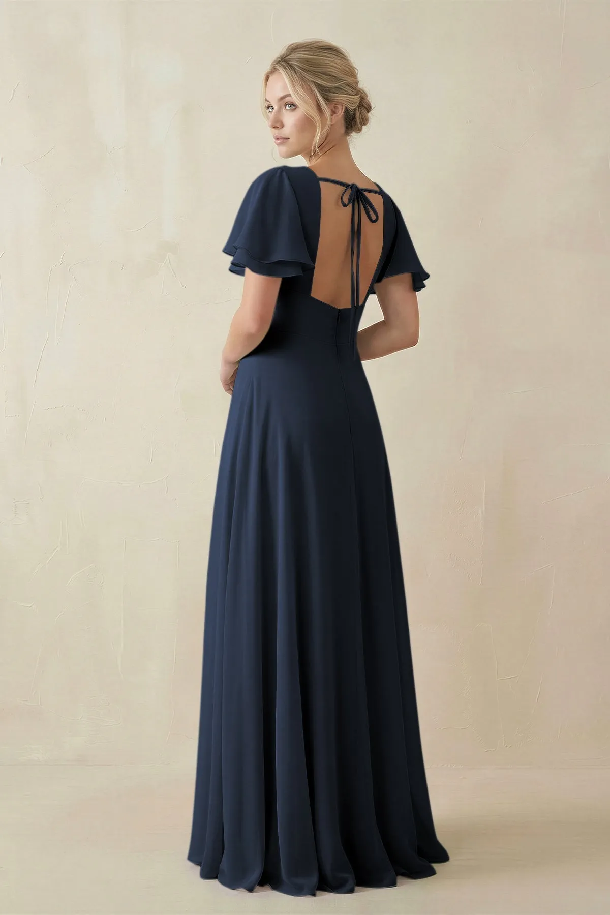 V-Neck Ruffled Short Sleeves A-Line Bridesmaid Dress in Dark Navy sold by KissProm product image thumbnail 2