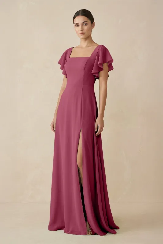 Chiffon A-Line Long Bridesmaid Dress with Flutter Sleeves in Desert Rose made by KissProm