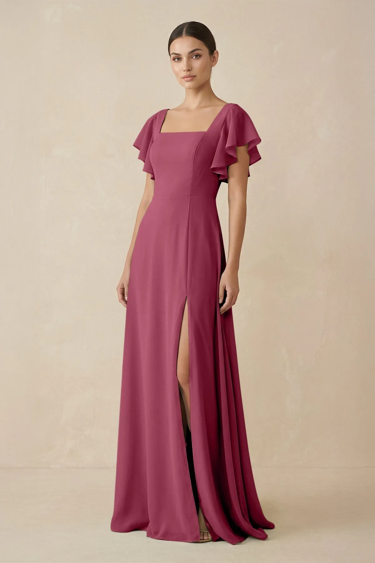 Chiffon A-Line Long Bridesmaid Dress with Flutter Sleeves in Desert Rose sold by KissProm
