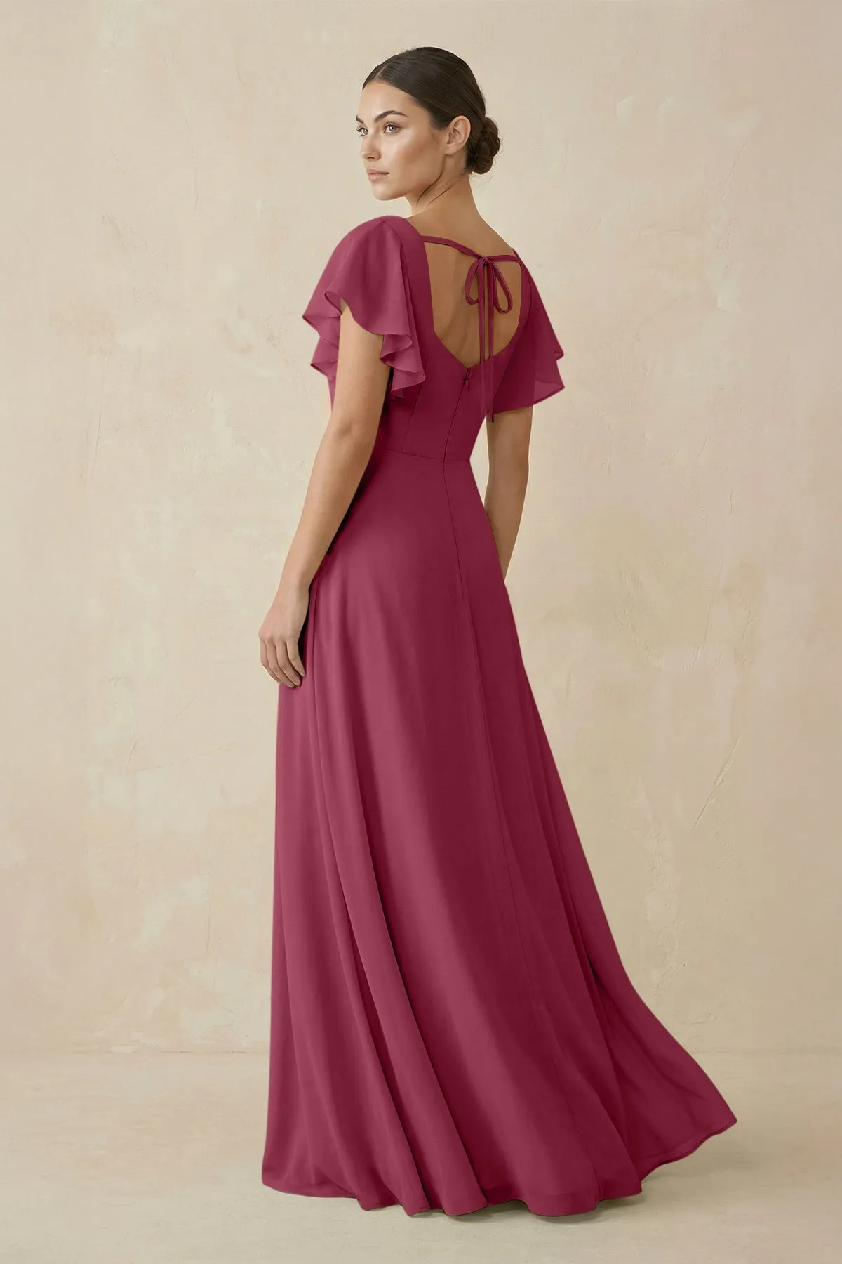 Chiffon A-Line Long Bridesmaid Dress with Flutter Sleeves in Desert Rose sold by KissProm product image thumbnail 2