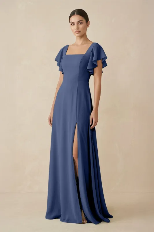 Chiffon A-Line Long Bridesmaid Dress with Flutter Sleeves in Navy made by KissProm