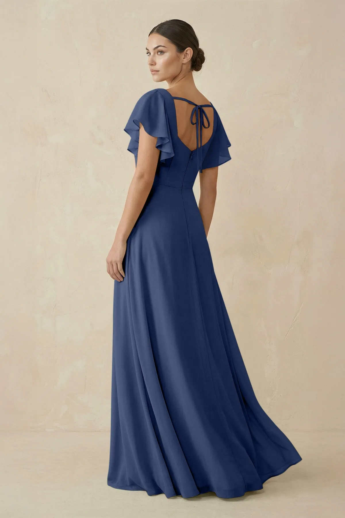 Chiffon A-Line Long Bridesmaid Dress with Flutter Sleeves in Navy sold by KissProm product image thumbnail 2