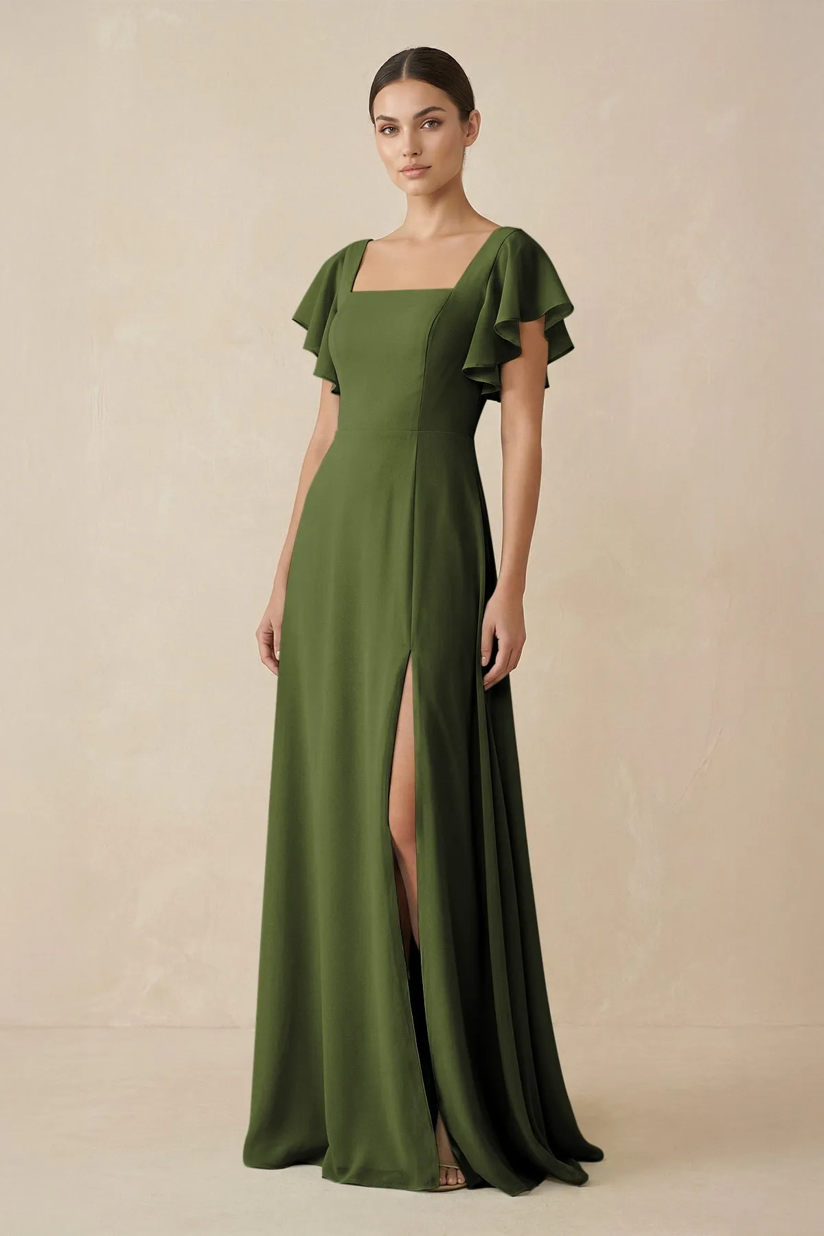 Chiffon A-Line Long Bridesmaid Dress with Flutter Sleeves in Olive sold by KissProm