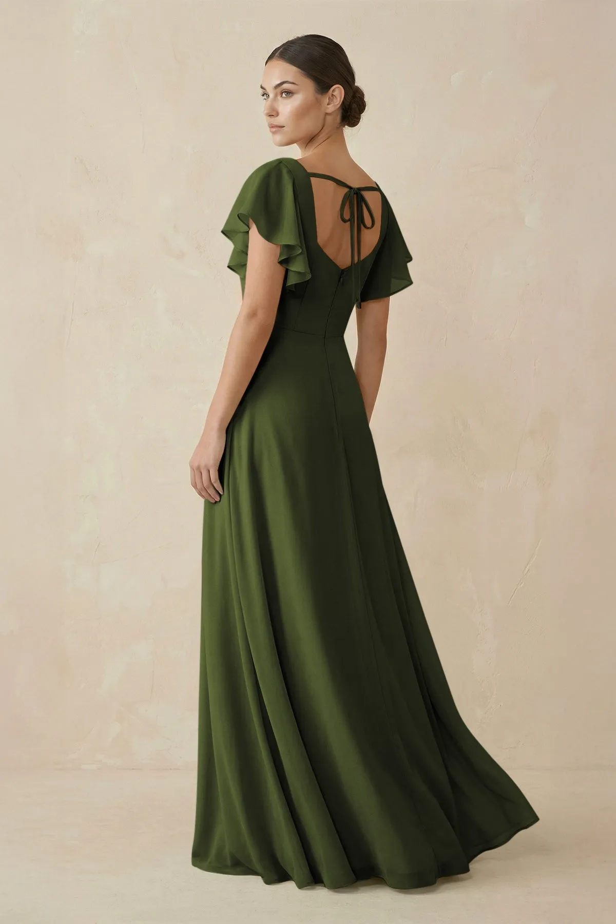 Chiffon A-Line Long Bridesmaid Dress with Flutter Sleeves in Olive sold by KissProm product image thumbnail 2