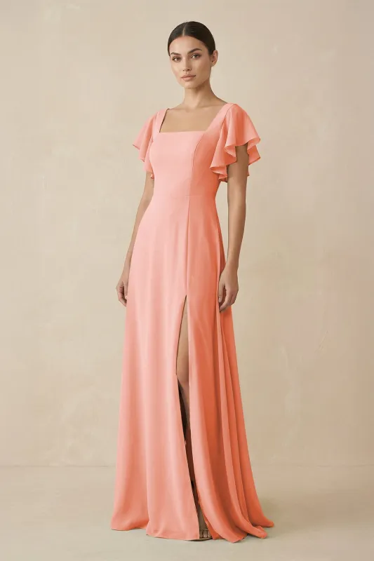 Chiffon A-Line Long Bridesmaid Dress with Flutter Sleeves in Rosette made by KissProm
