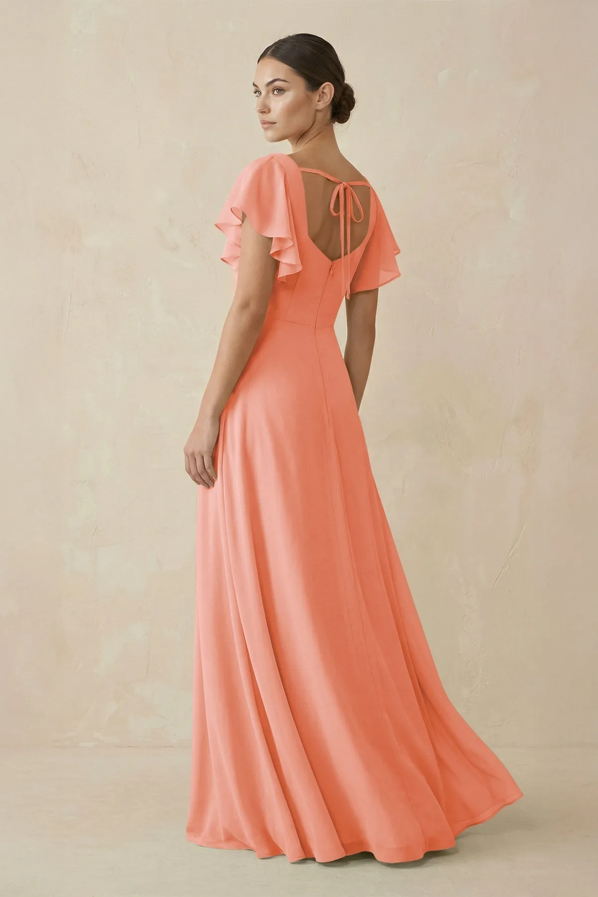 Chiffon A-Line Long Bridesmaid Dress with Flutter Sleeves in Rosette sold by KissProm product image thumbnail 2