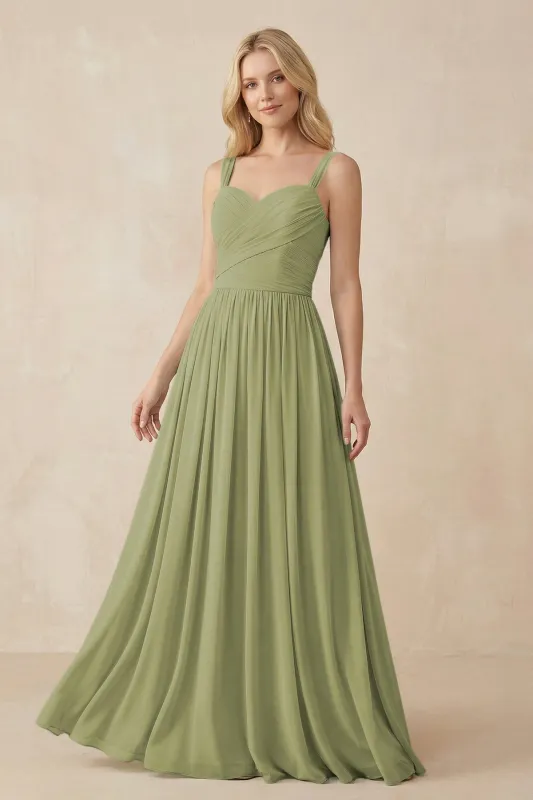 A-Line Pleated Long Chiffon Bridesmaid Dress in Moss Green made by KissProm