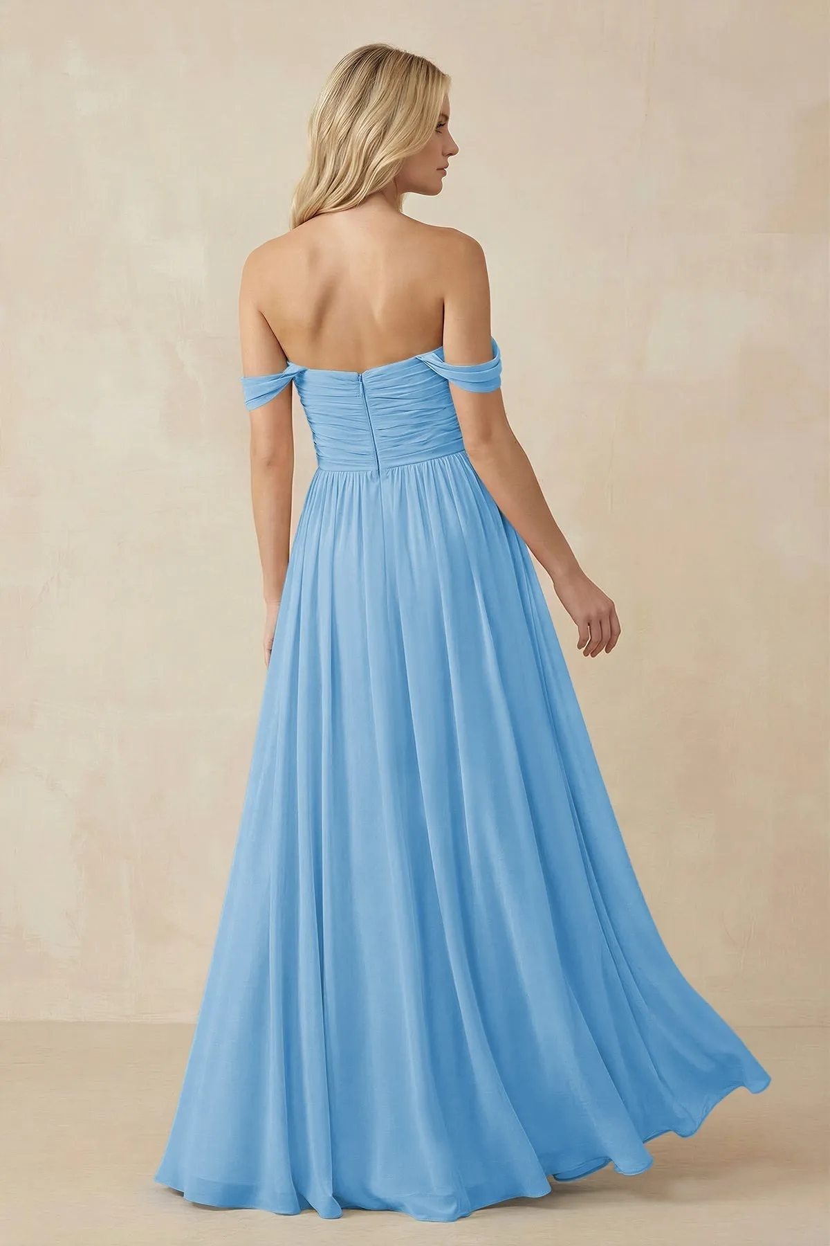 A-Line Pleated Long Chiffon Bridesmaid Dress in Steel Blue sold by KissProm product image thumbnail 2