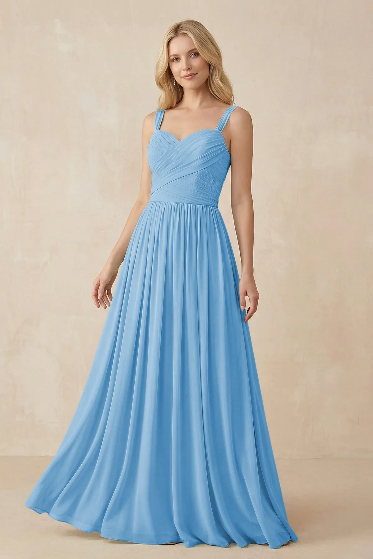 A-Line Pleated Long Chiffon Bridesmaid Dress in Steel Blue sold by KissProm