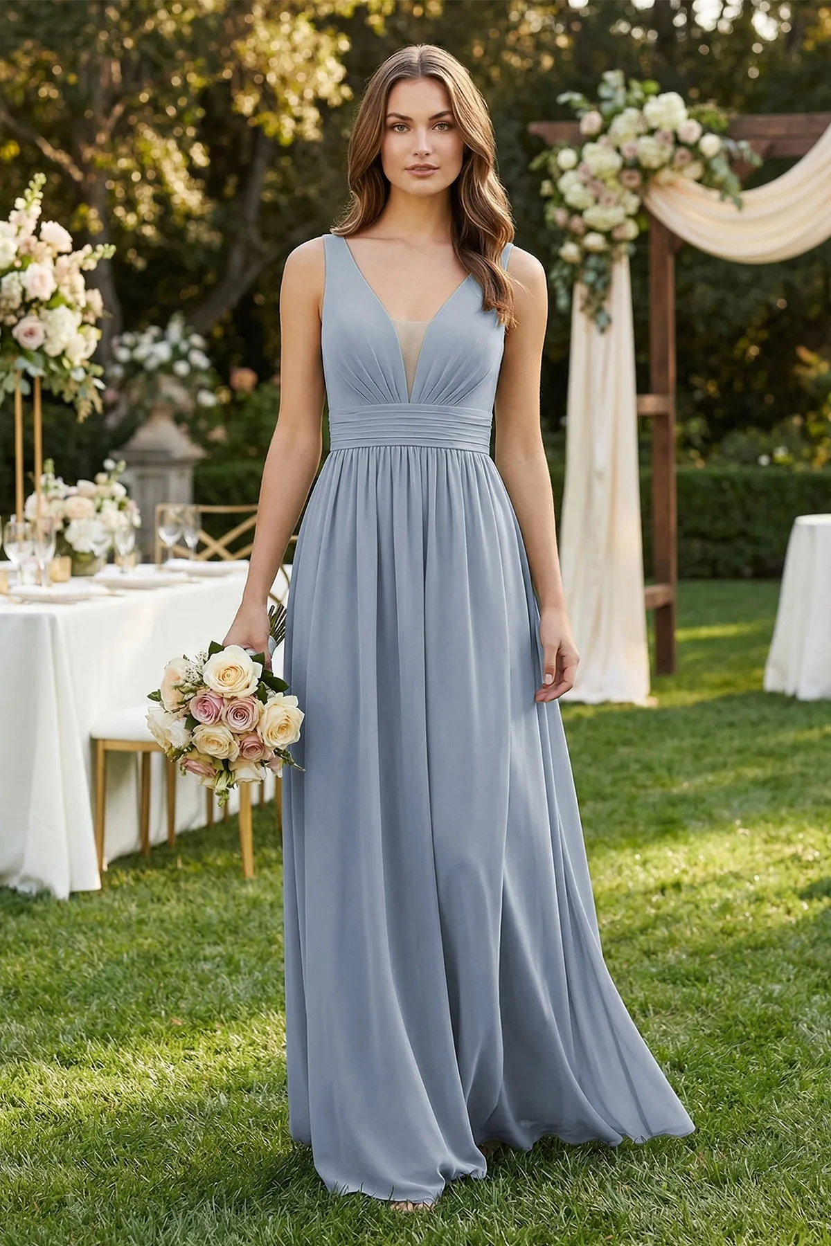 Illusion V-Neck A-Line Ruched Bridesmaid Dress in Twilight sold by KissProm product image thumbnail 4