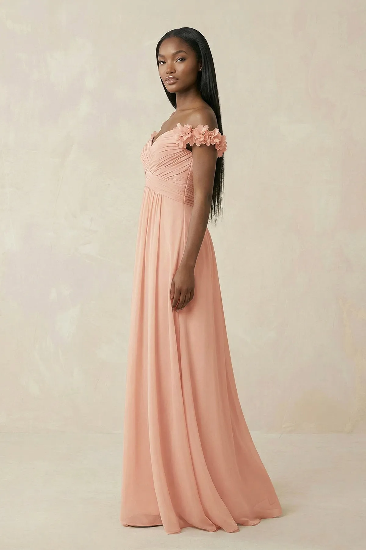 Pleated Off-the-Shoulder A-Line Chiffon Bridesmaid Dress in English Rose sold by KissProm product image thumbnail 3