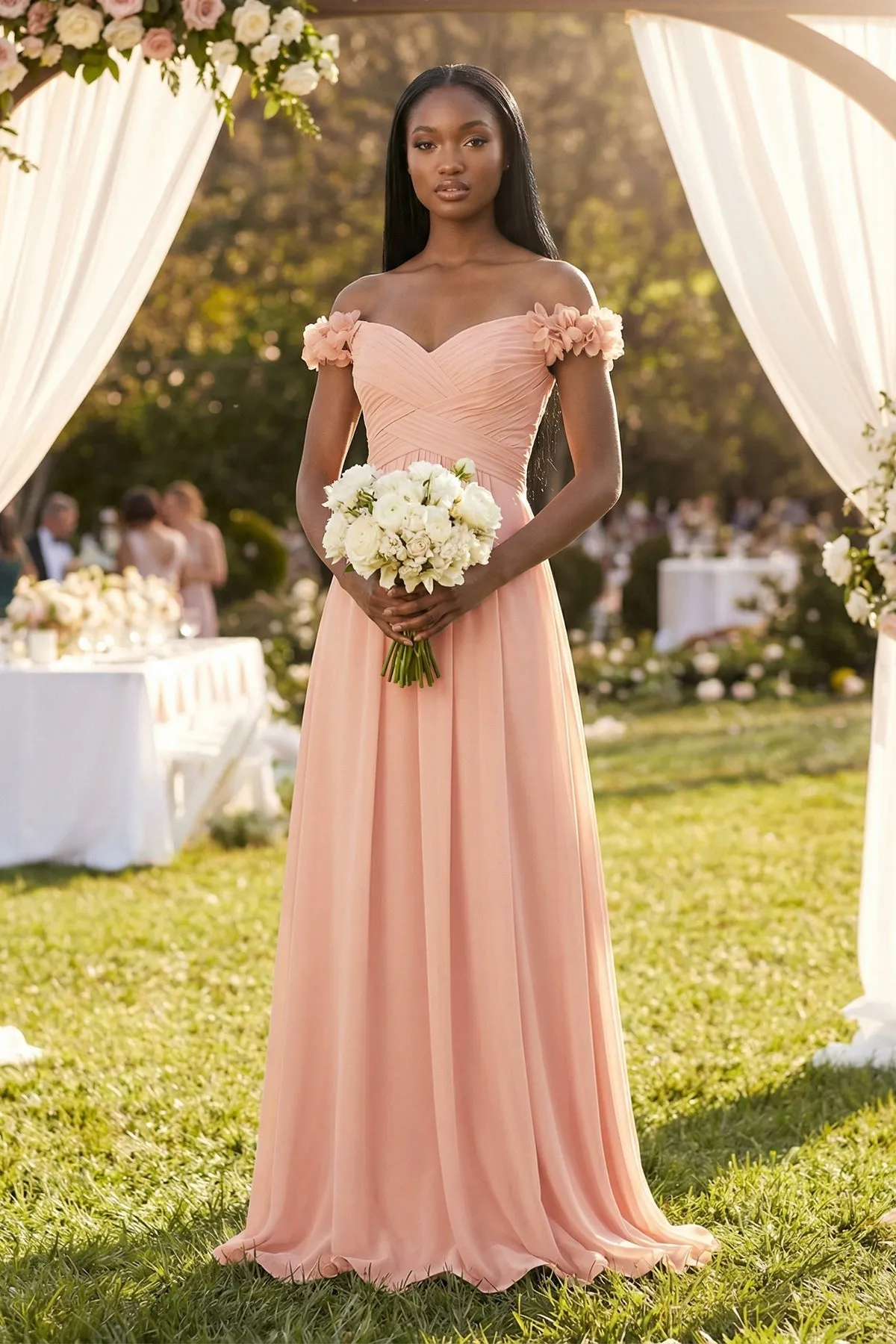 Pleated Off-the-Shoulder A-Line Chiffon Bridesmaid Dress in English Rose sold by KissProm product image thumbnail 4