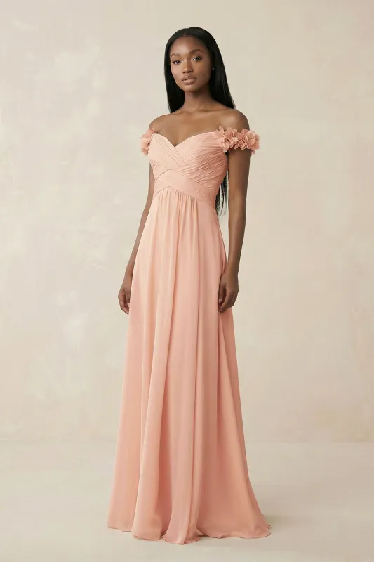 Pleated Off-the-Shoulder A-Line Chiffon Bridesmaid Dress in English Rose made by KissProm