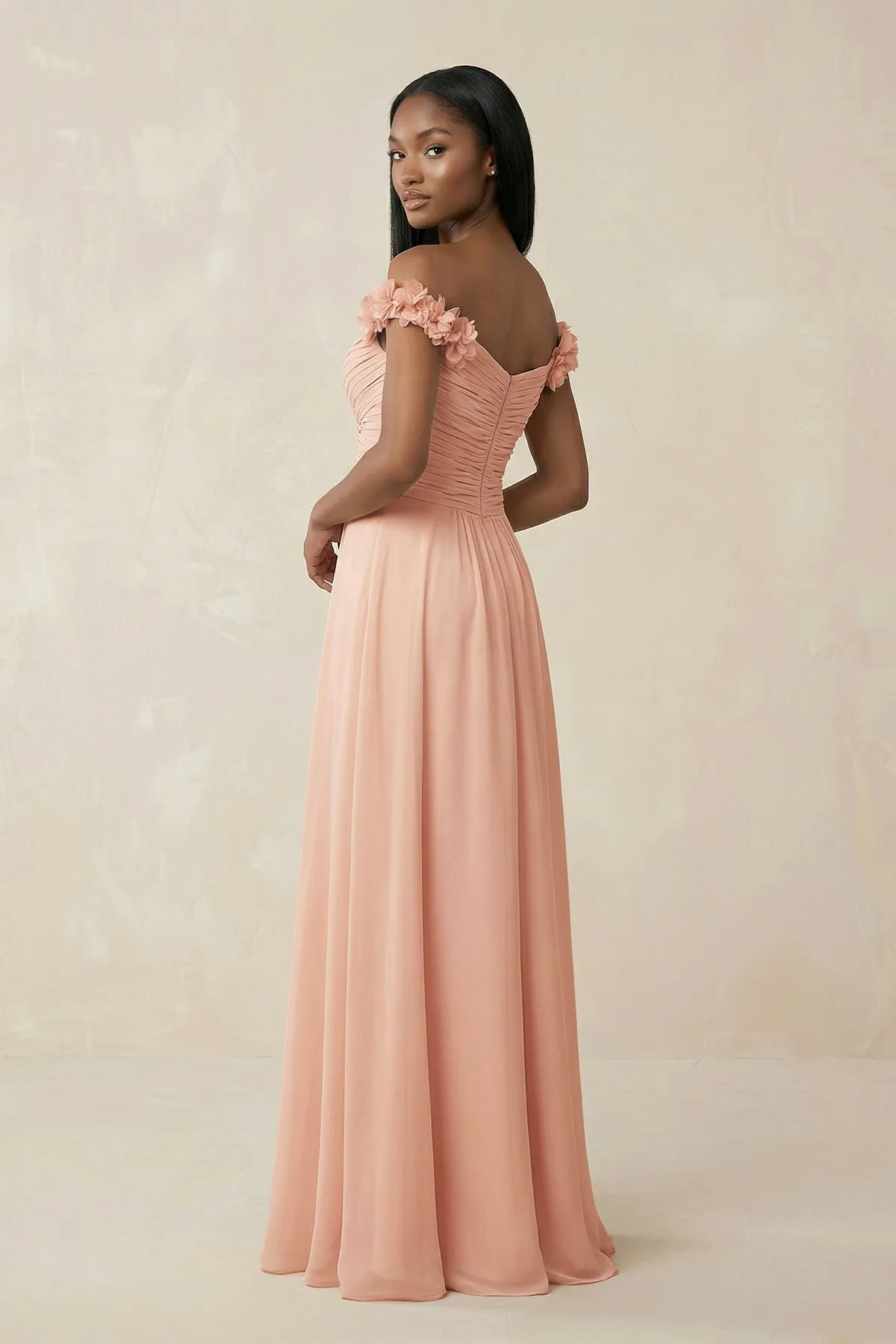 Pleated Off-the-Shoulder A-Line Chiffon Bridesmaid Dress in English Rose sold by KissProm product image thumbnail 2