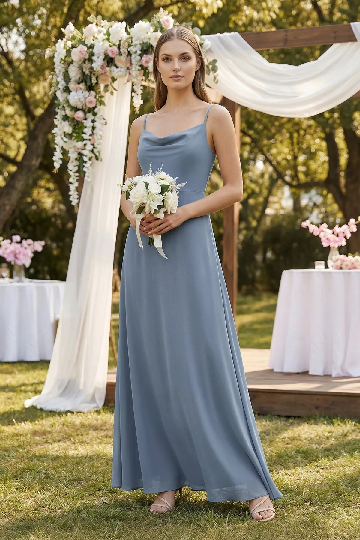 Cami Strap A-Line Chiffon Bridesmaid Dress in Neptune sold by KissProm product image thumbnail 4