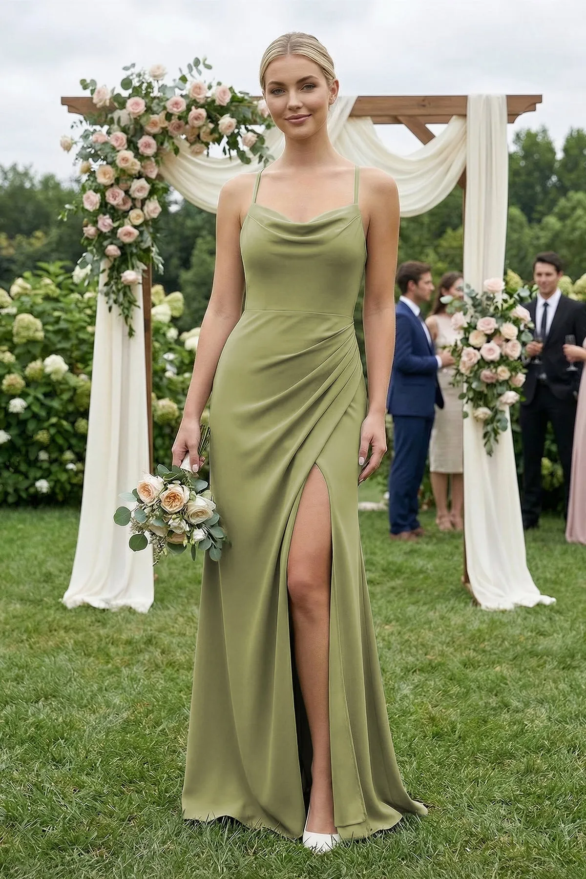 Cami Strap Sheath Ruched Bridesmaid Dress With Slit in Moss Green sold by KissProm product image thumbnail 4