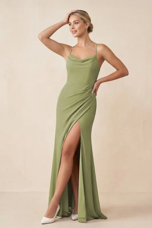 Cami Strap Sheath Ruched Bridesmaid Dress With Slit in Moss Green made by KissProm
