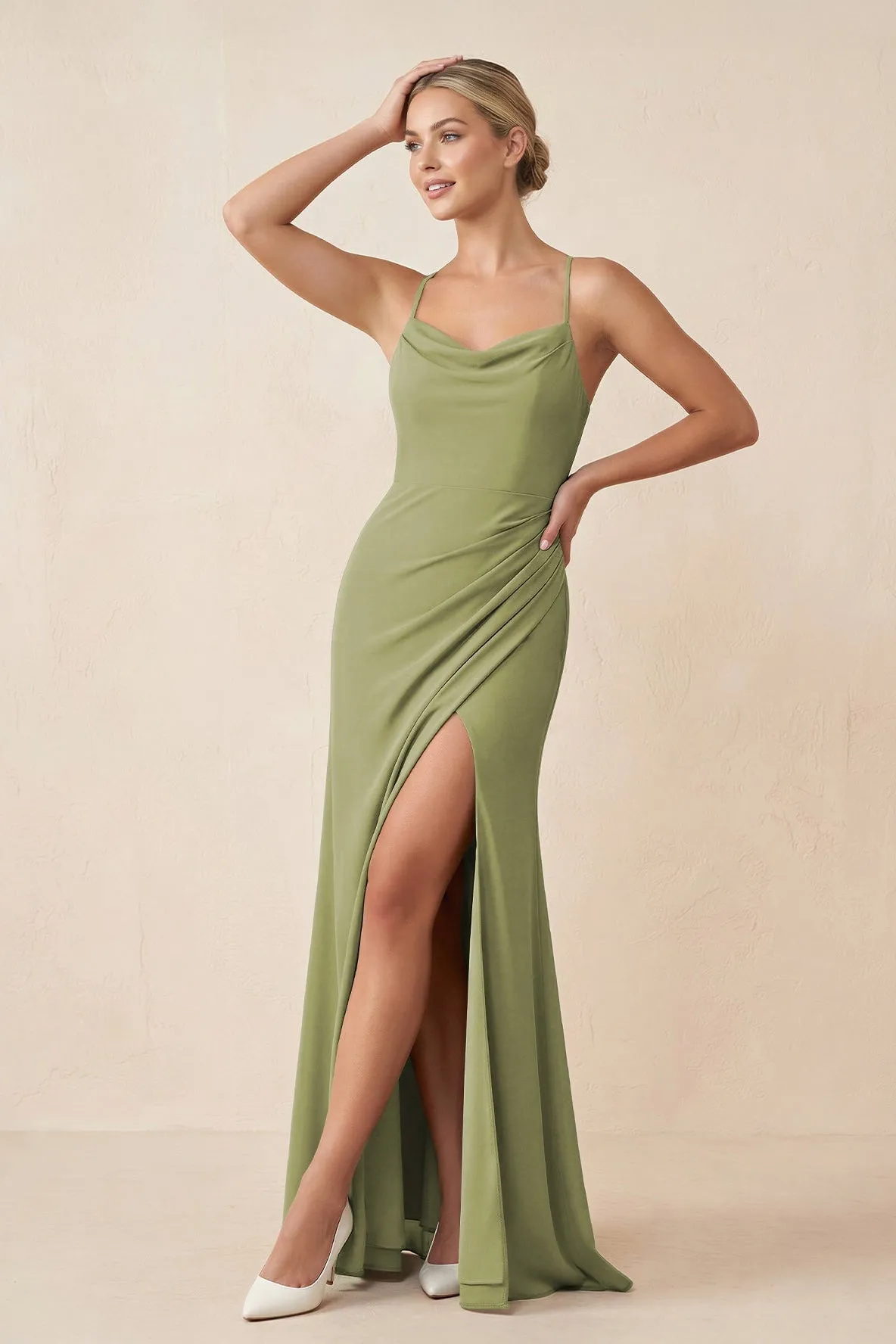 Cami Strap Sheath Ruched Bridesmaid Dress With Slit in Moss Green sold by KissProm