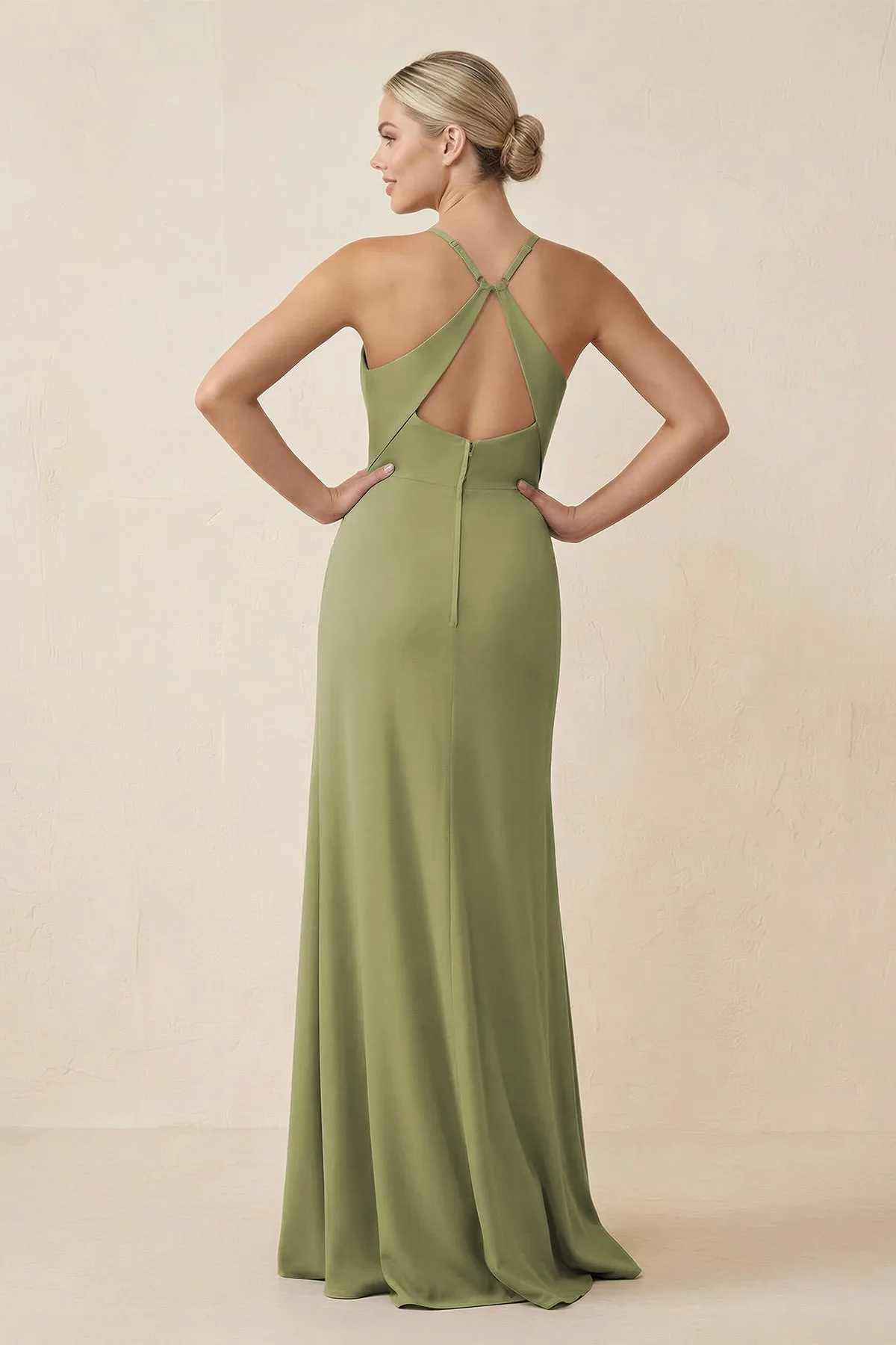 Cami Strap Sheath Ruched Bridesmaid Dress With Slit in Moss Green sold by KissProm product image thumbnail 2