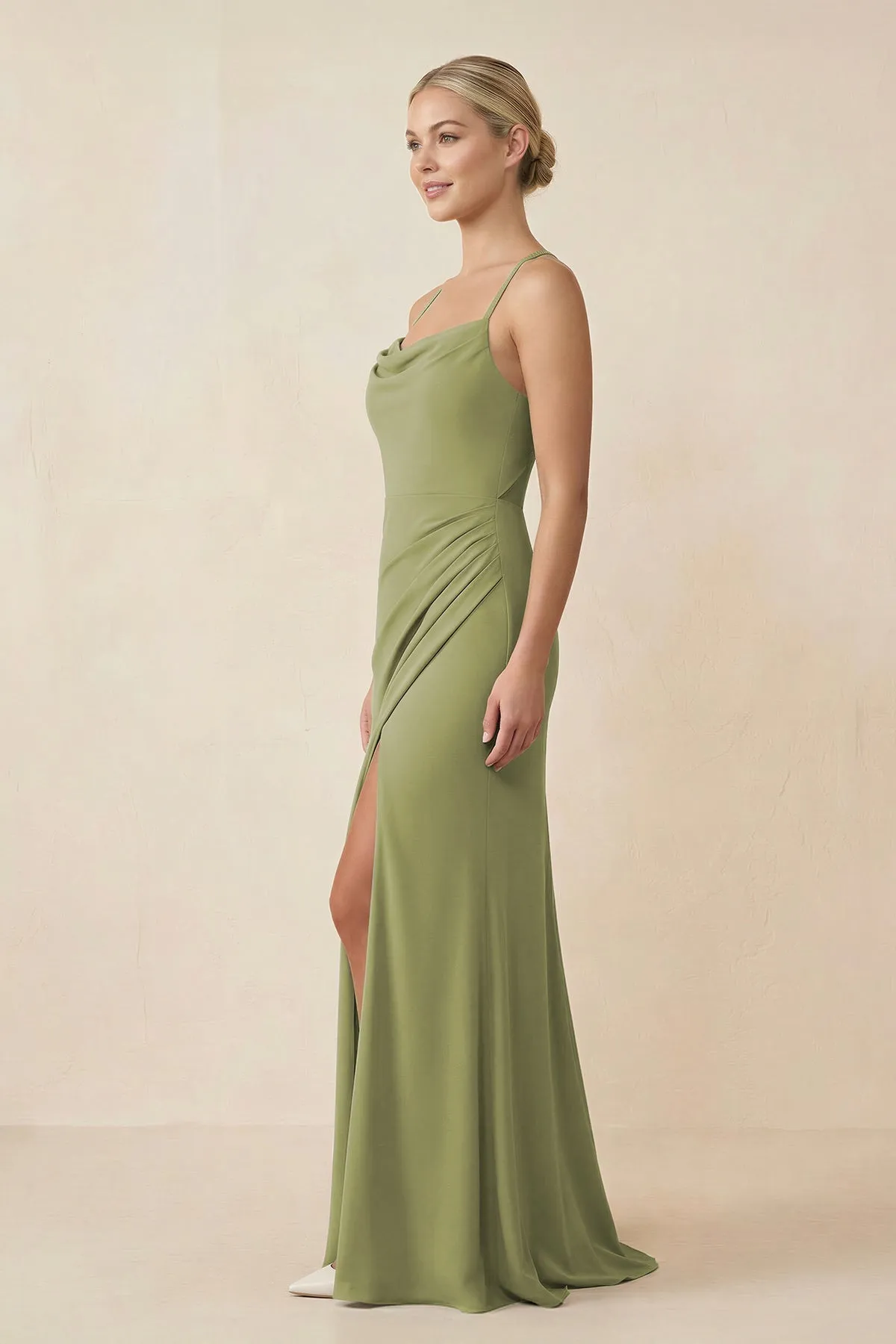 Cami Strap Sheath Ruched Bridesmaid Dress With Slit in Moss Green sold by KissProm product image thumbnail 3
