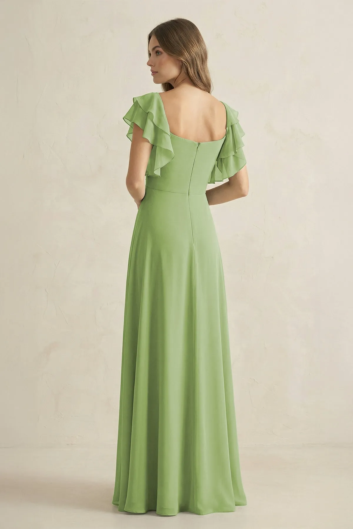 Ruffled Sleeves A-Line Chiffon Bridesmaid Dress in Matcha sold by KissProm product image thumbnail 2