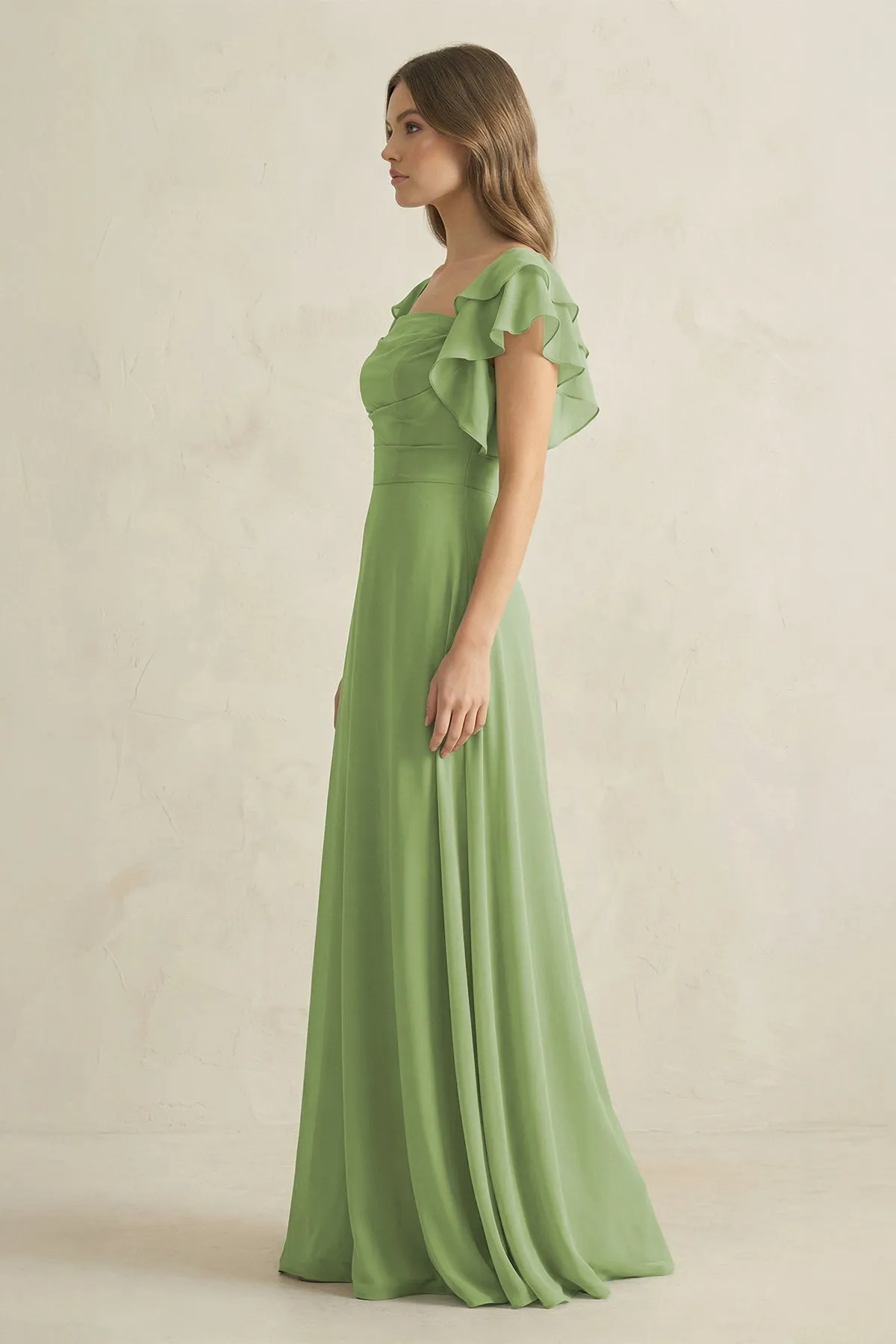 Ruffled Sleeves A-Line Chiffon Bridesmaid Dress in Matcha sold by KissProm product image thumbnail 3