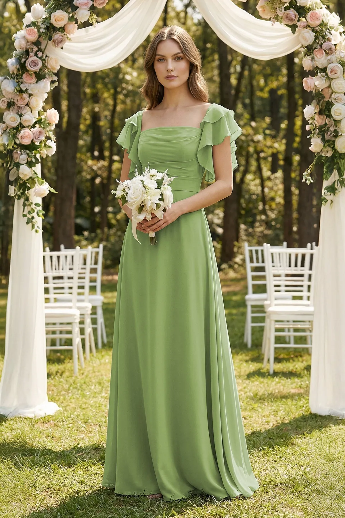 Ruffled Sleeves A-Line Chiffon Bridesmaid Dress in Matcha sold by KissProm product image thumbnail 4